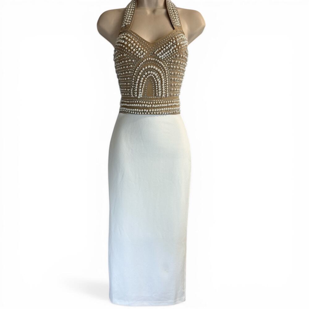 Fashion Nova Pearl Rhinestone Halter Midi Dress XS White Cocktail Wedding Guest